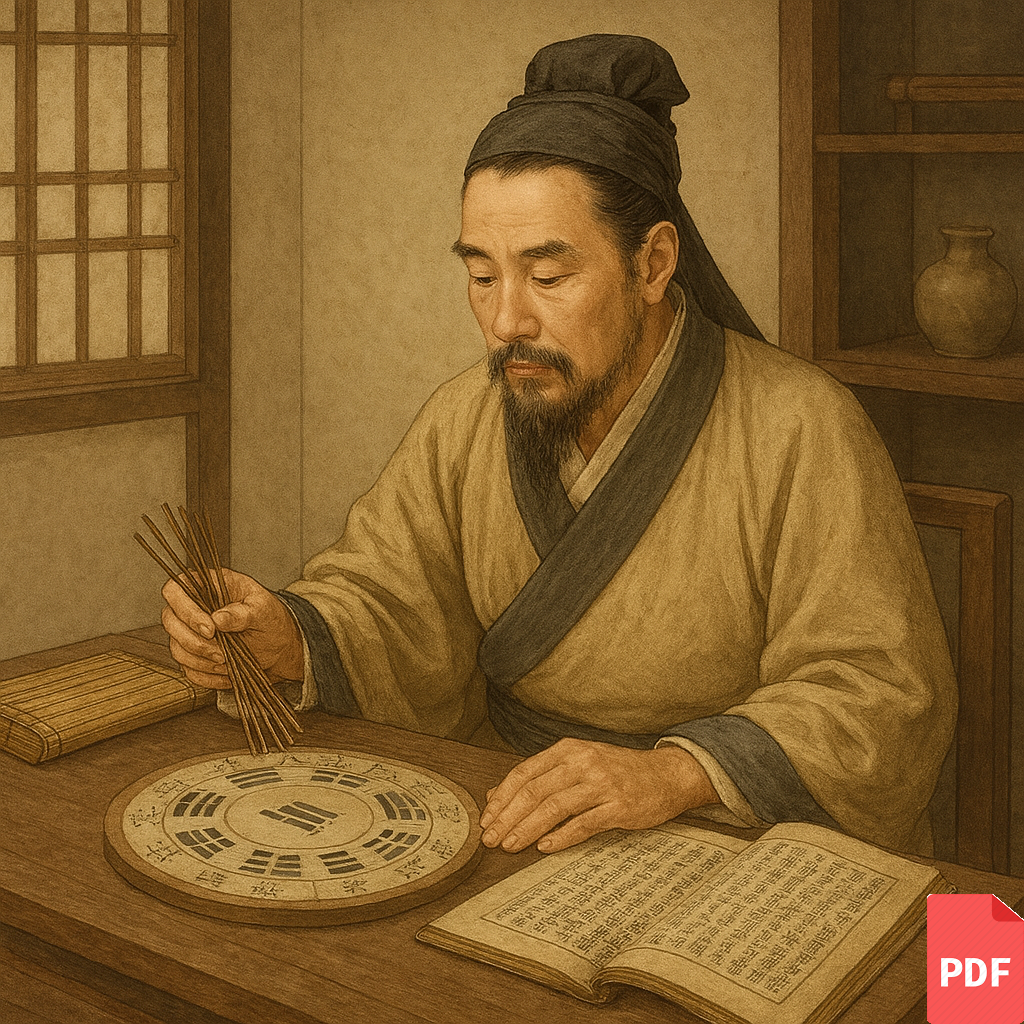 Man studying Ziwei Dou Shu astrology with sticks and charts, reflecting on celestial destiny.