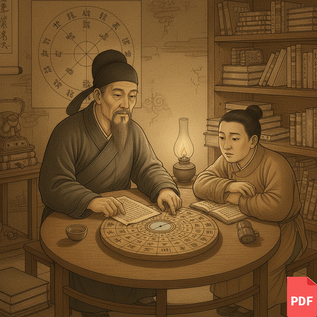 Illustration of a wise man consulting a young girl about Decision Guidance Reports using ancient strategy.