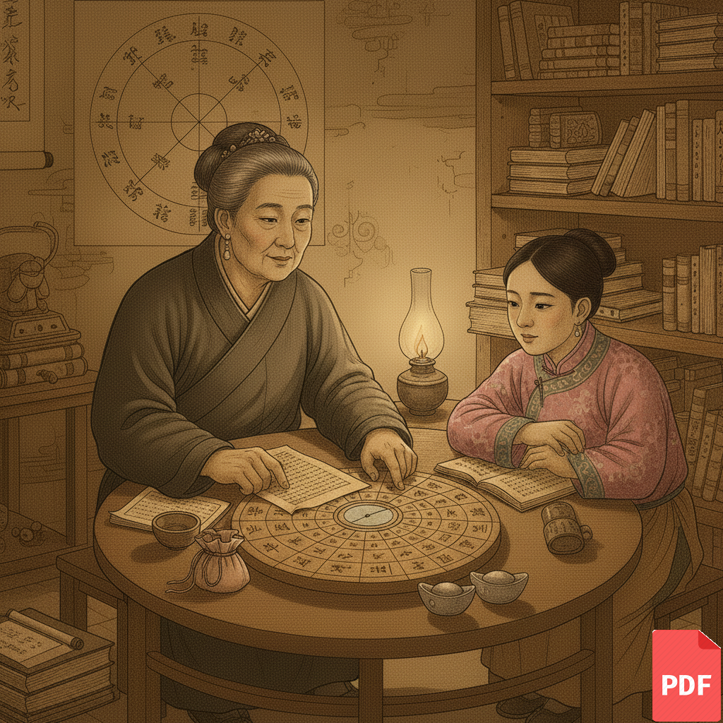Decision Guidance Reports featuring an elderly woman and a young girl engaged in metaphysical consultation.
