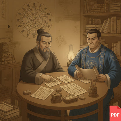 Two scholars discussing Decision Guidance Reports with ancient texts and charts in a warm, intellectual atmosphere.