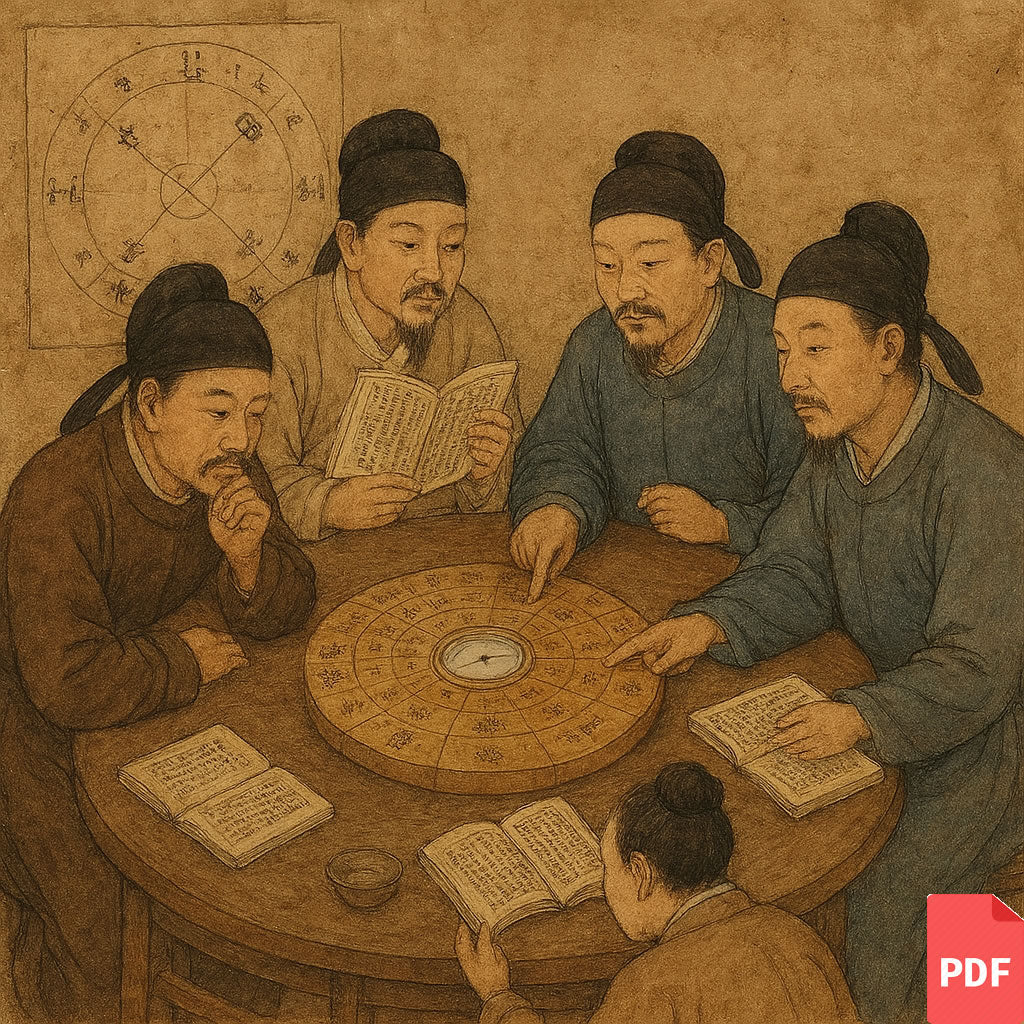 Destiny Panorama Report depiction of scholars analyzing astrological charts and texts, exploring life-map consultations.