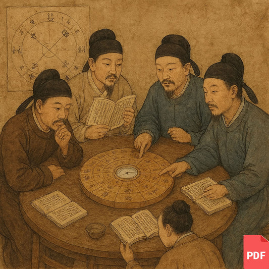 Destiny Panorama Report depiction of scholars analyzing astrological charts and texts, exploring life-map consultations.