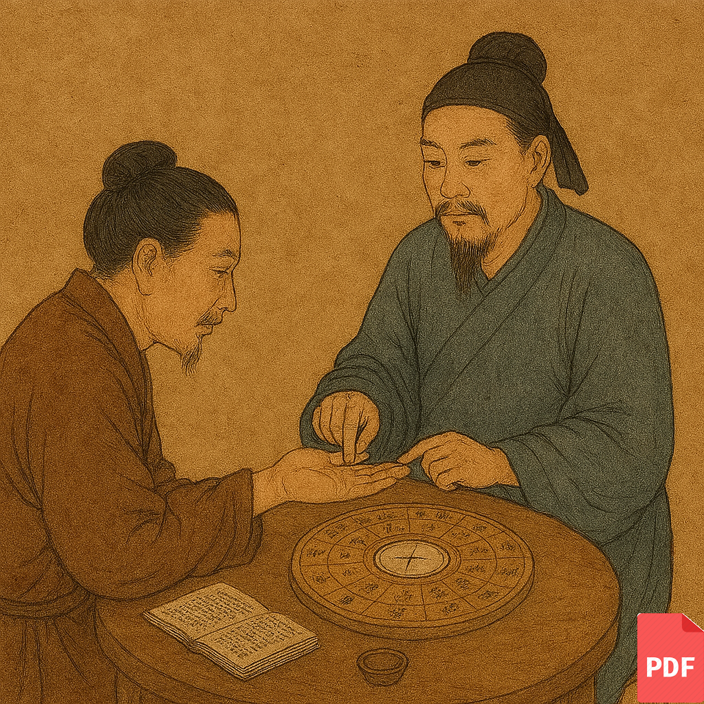 Physiognomy Reading consultation between two experts analyzing palm lines and face features.