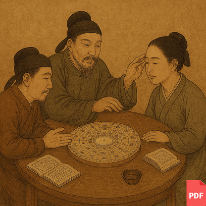 An ancient consultation of Physiognomy Reading, featuring three individuals interpreting facial and palm features.