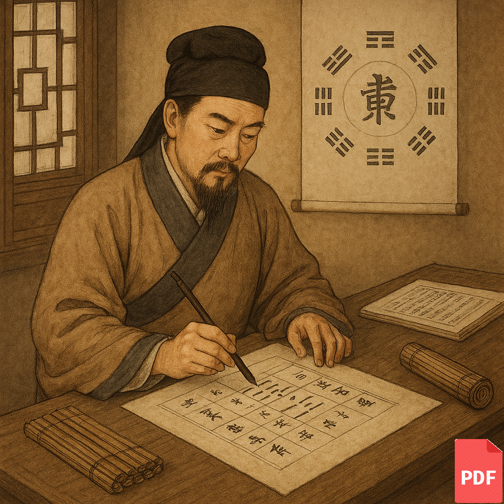 Zhouyi Oracle Reading in traditional setting, scholar analyzing I-Ching hexagrams on parchment.